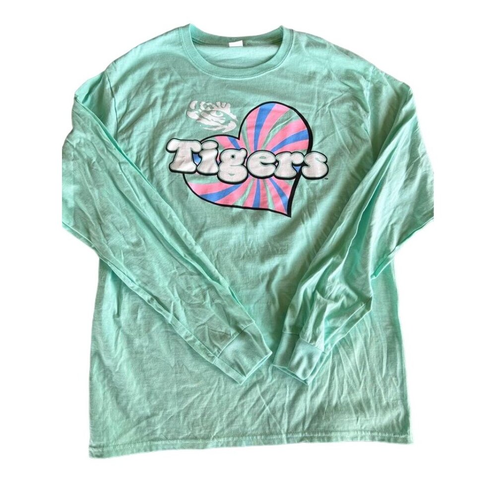 LSU Tigers long sleeve shirt, large, New. light green with pink and blue heart - Picture 2 of 4